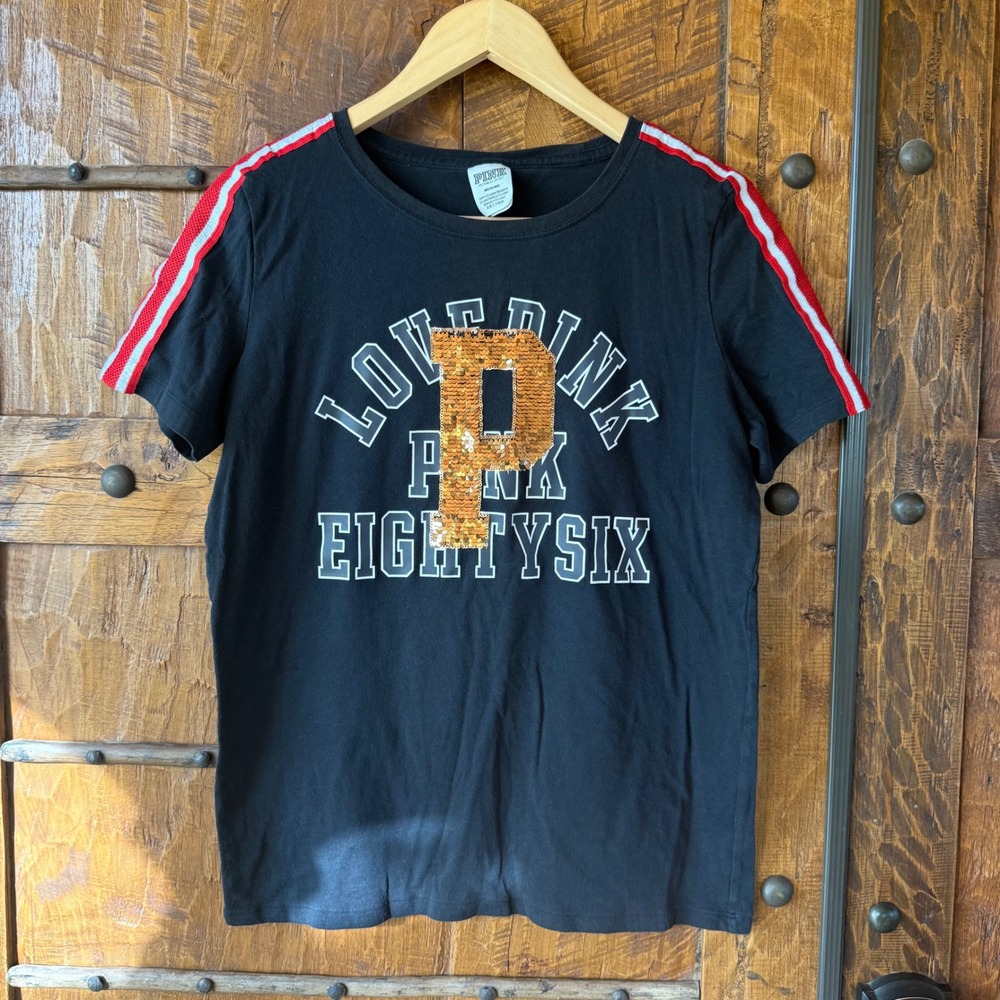 PINK Victoria's Secret‎ T-Shirt Black Sequin P Logo Eighty Six Varsity Stripe M